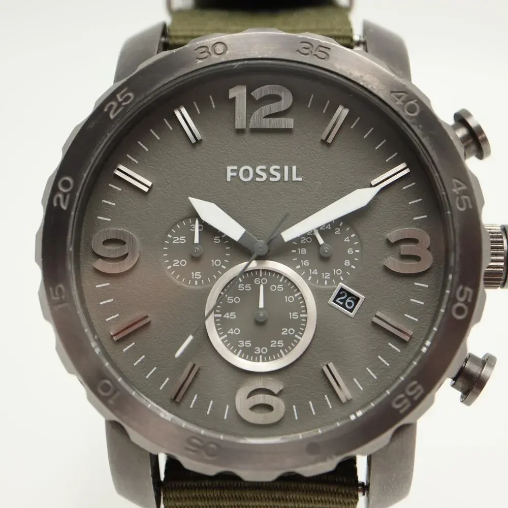 Fossil Nate Gunmetal Gray Men's 50mm Chronograph Watch Green Nylon w New Battery